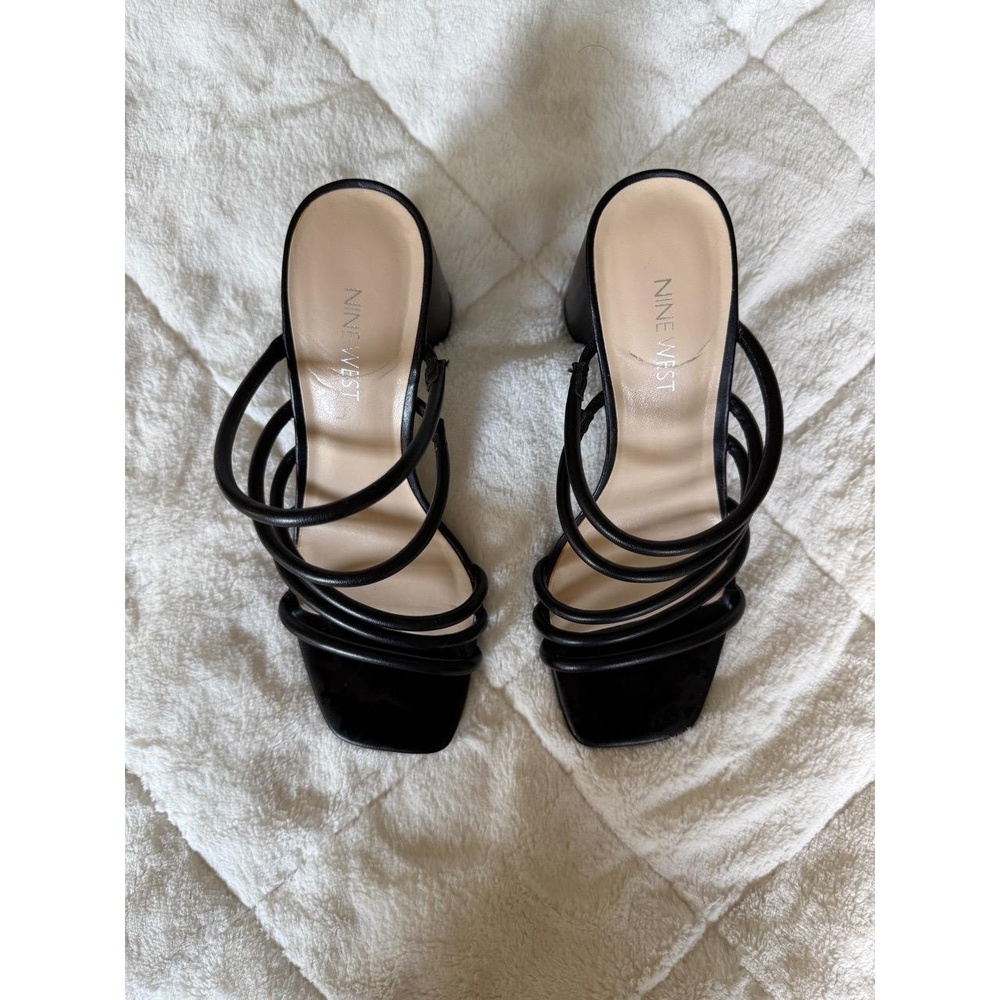 Nine West Women's Sandals 7‎ Black Strappy Block Heel Square Toe Pleather Casual